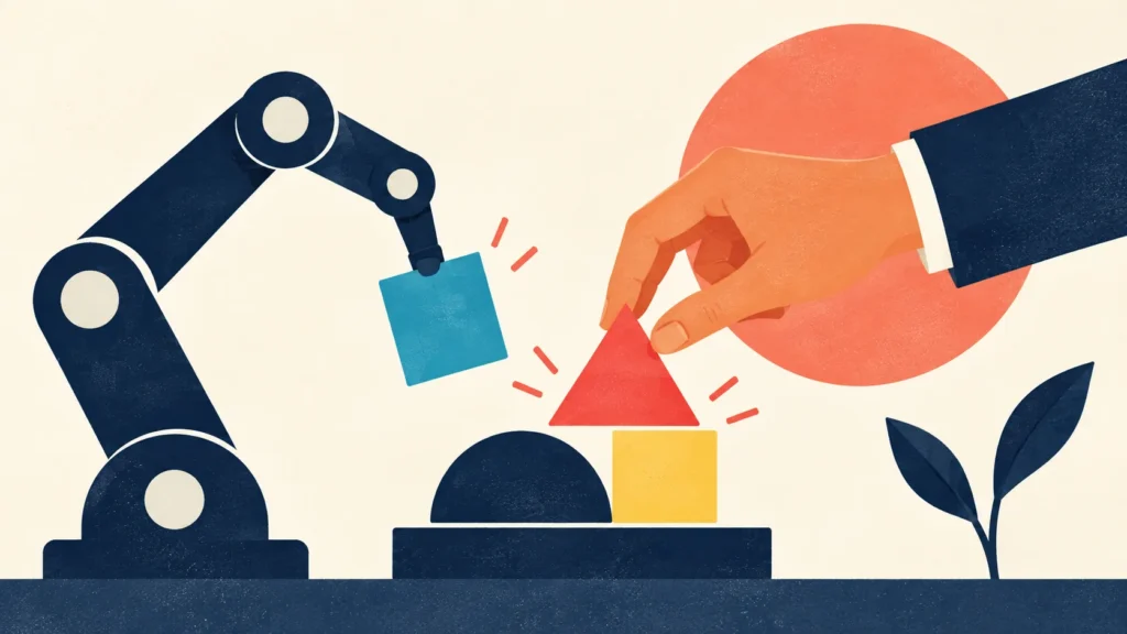 Une main humaine et un bras automatisé assemblent ensemble des formes géométriques.