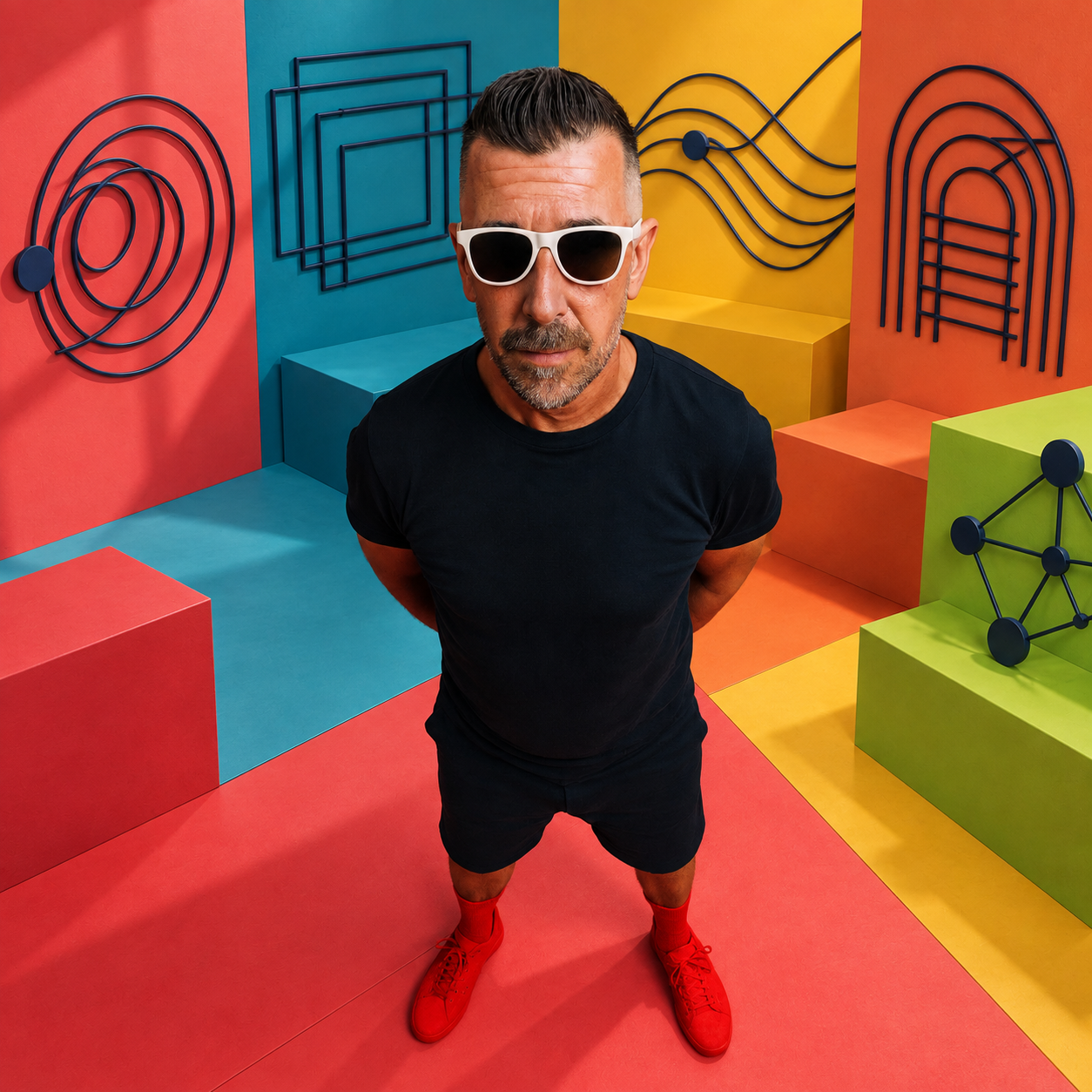 Jeff Blanchet dans un décor coloré inspiré des cinq expertises Wikijeff.Co