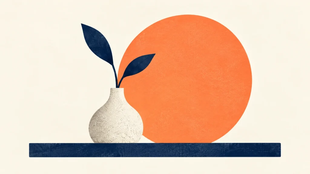 Composition minimaliste avec un vase, deux feuilles et un grand cercle orange.
