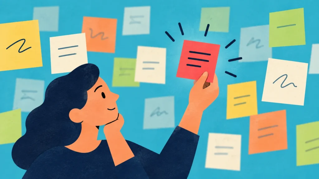 Une personne choisit une priorité parmi plusieurs notes colorées.
