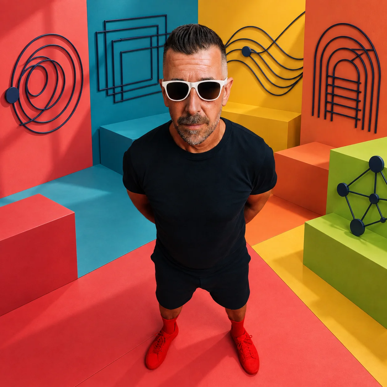 Jeff Blanchet dans un décor coloré inspiré des cinq expertises Wikijeff.Co