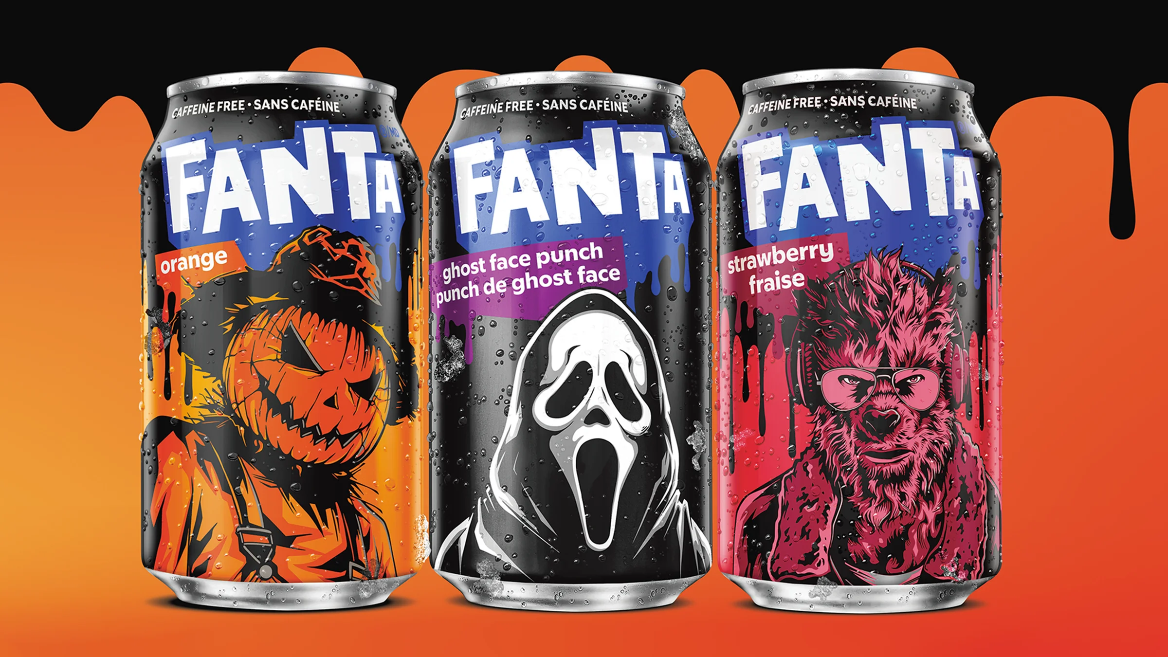 Trois canettes Fanta Halloween : orange, Ghost Face Punch et fraise.