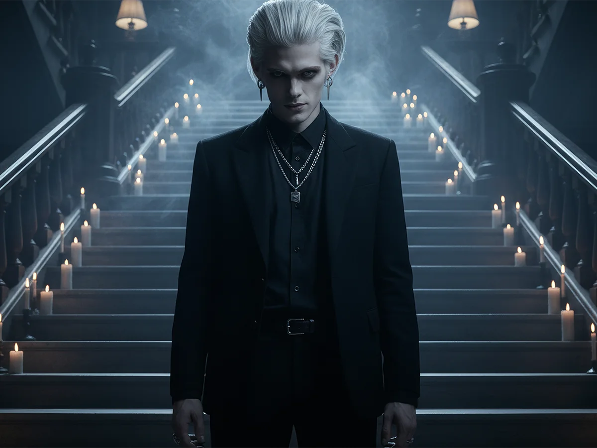 Drayk, vampire devant un escalier éclairé de bougies.