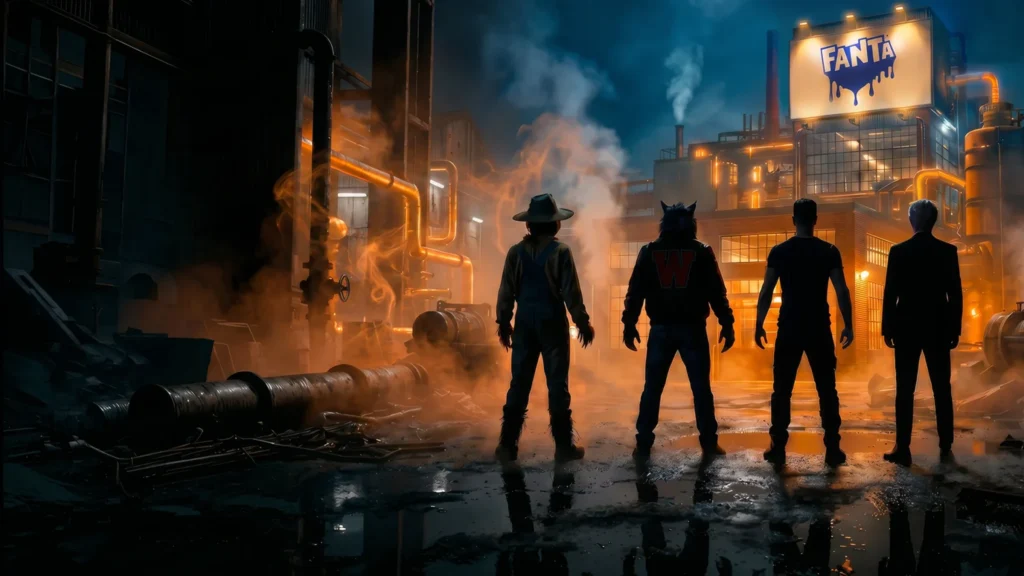 Quatre silhouettes de créatures devant une usine Fanta éclairée en orange et bleu.