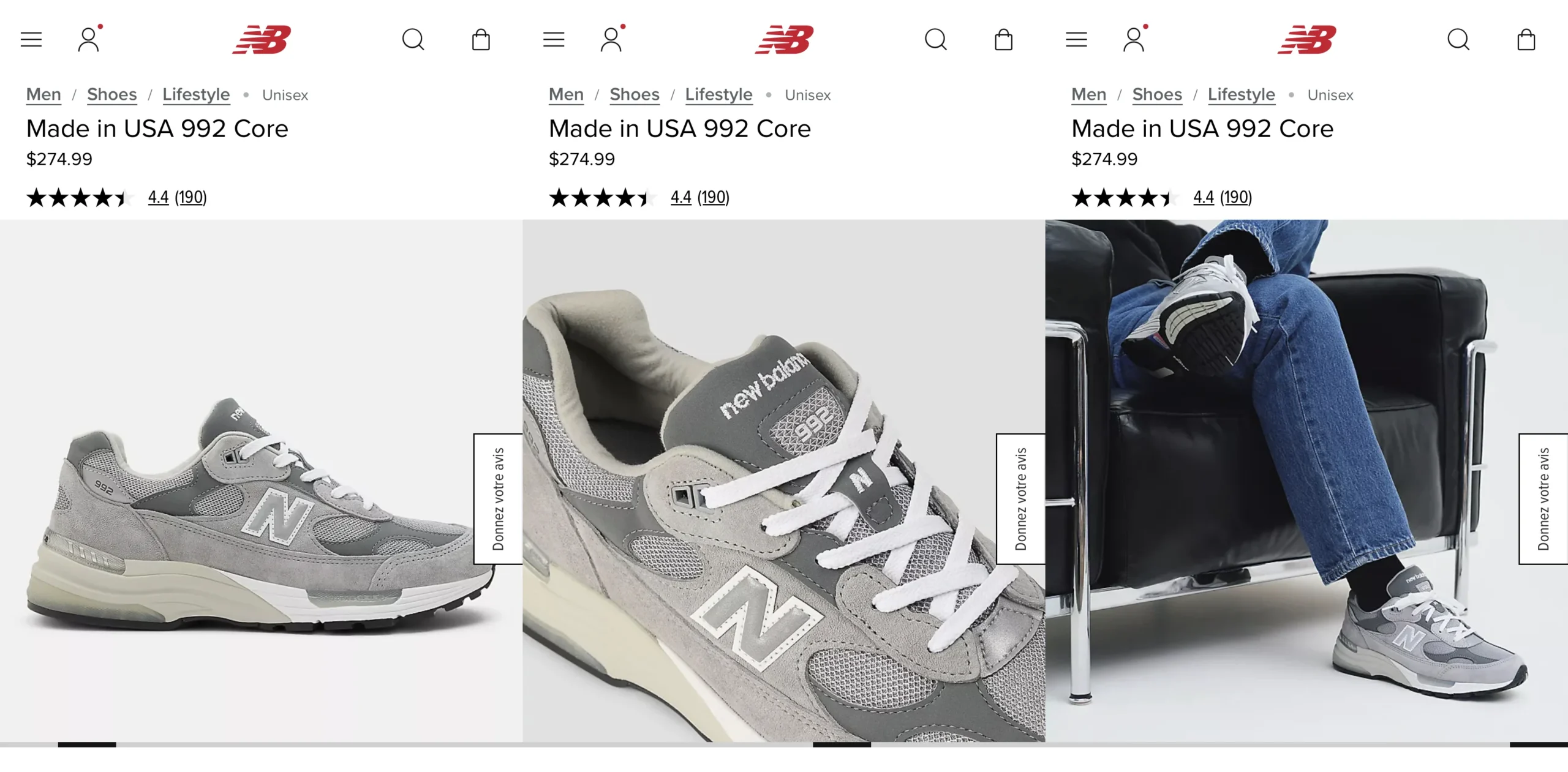 Three views from the New Balance 992 Core page: a side view, a shoe detail and a seated model with his legs crossed.
