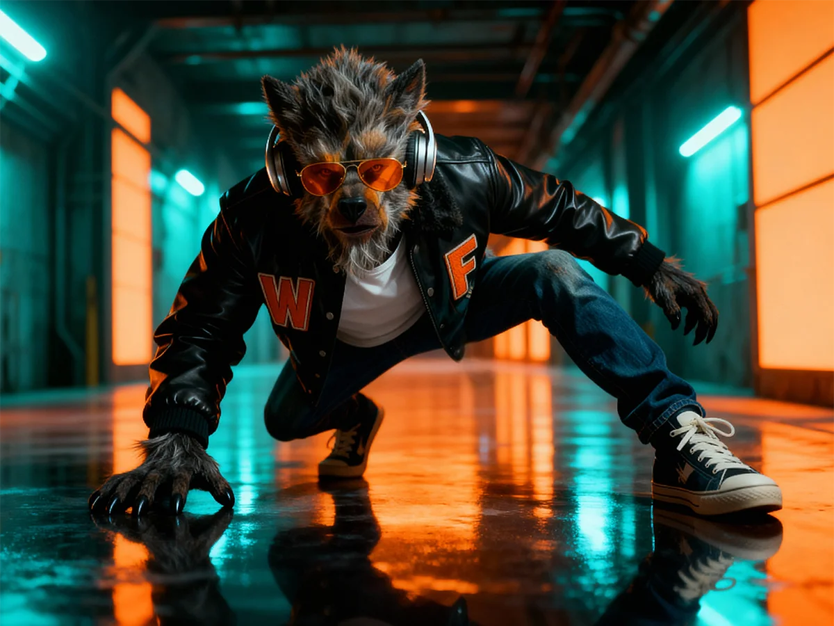 Howlie, loup-garou avec casque audio dans un couloir orange et turquoise.