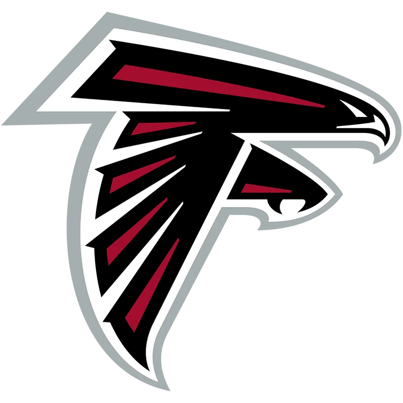 Logo habituel des Falcons d’Atlanta, noir, rouge et argent.