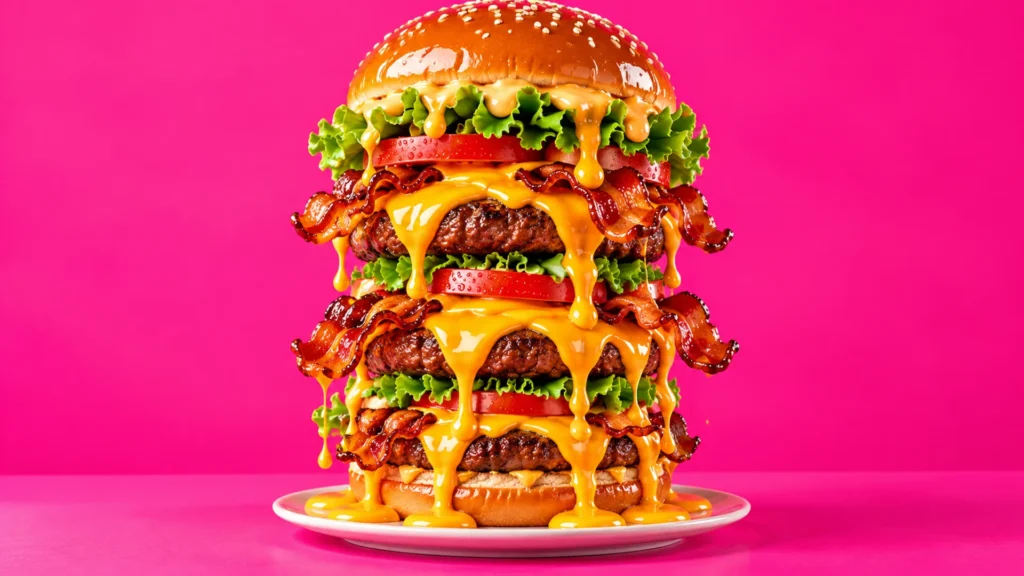 Hamburger démesuré généré par intelligence artificielle, débordant de fromage et de bacon sur un fond rose vif.