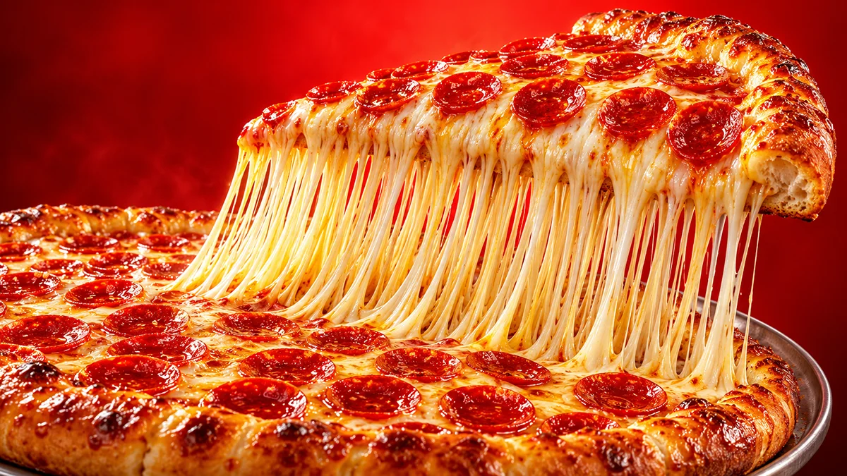 Pizza au pepperoni générée par intelligence artificielle, avec une pointe suspendue et de longs filaments de fromage.