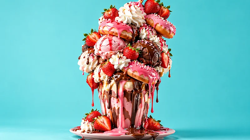 Dessert extravagant généré par intelligence artificielle, garni de crème glacée, de beignes et de fraises sur un fond turquoise.