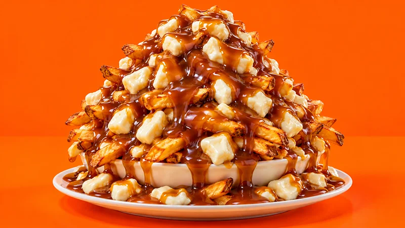 Poutine démesurée générée par intelligence artificielle sur un fond orange vif.