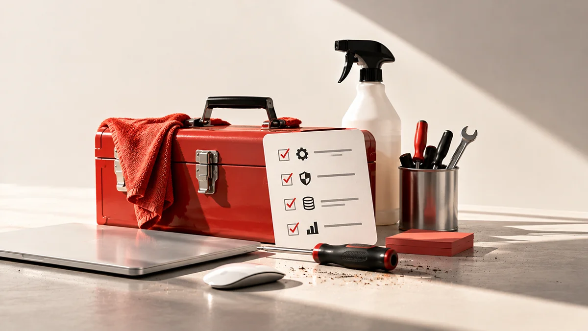 Boîte à outils rouge, ordinateur portable et liste de vérification illustrant l’entretien d’un site web.